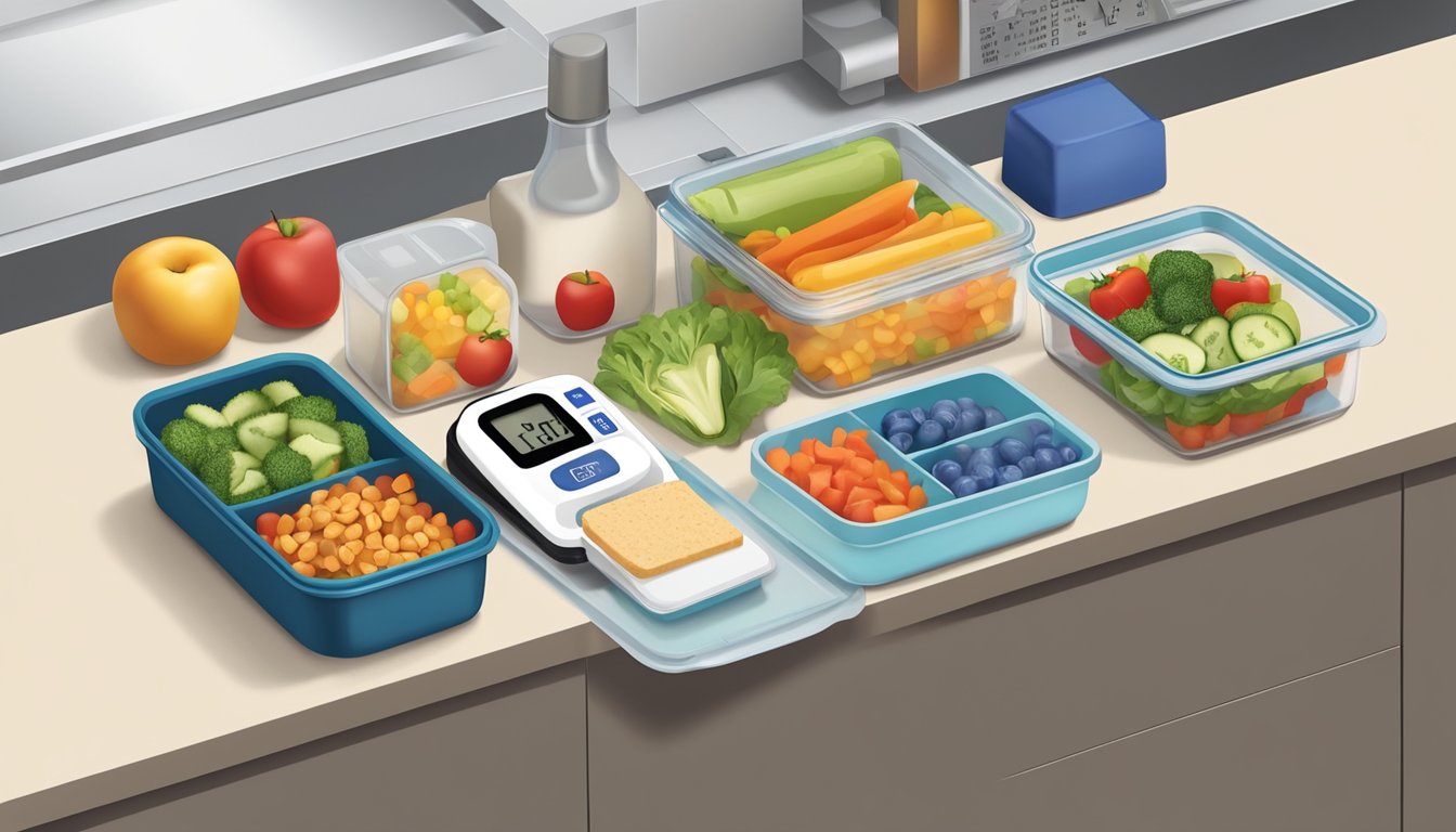 A lunch container filled with portioned healthy food items, a blood sugar monitor, and a measuring tool on a clean kitchen counter