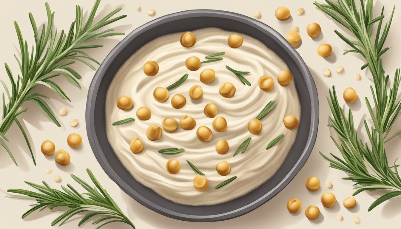 A bowl of garbanzo bean flour surrounded by chickpeas and a sprig of fresh rosemary