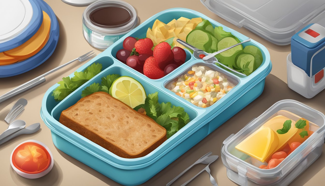 A lunch container with divided compartments, filled with balanced portions of food and a blood sugar monitor nearby