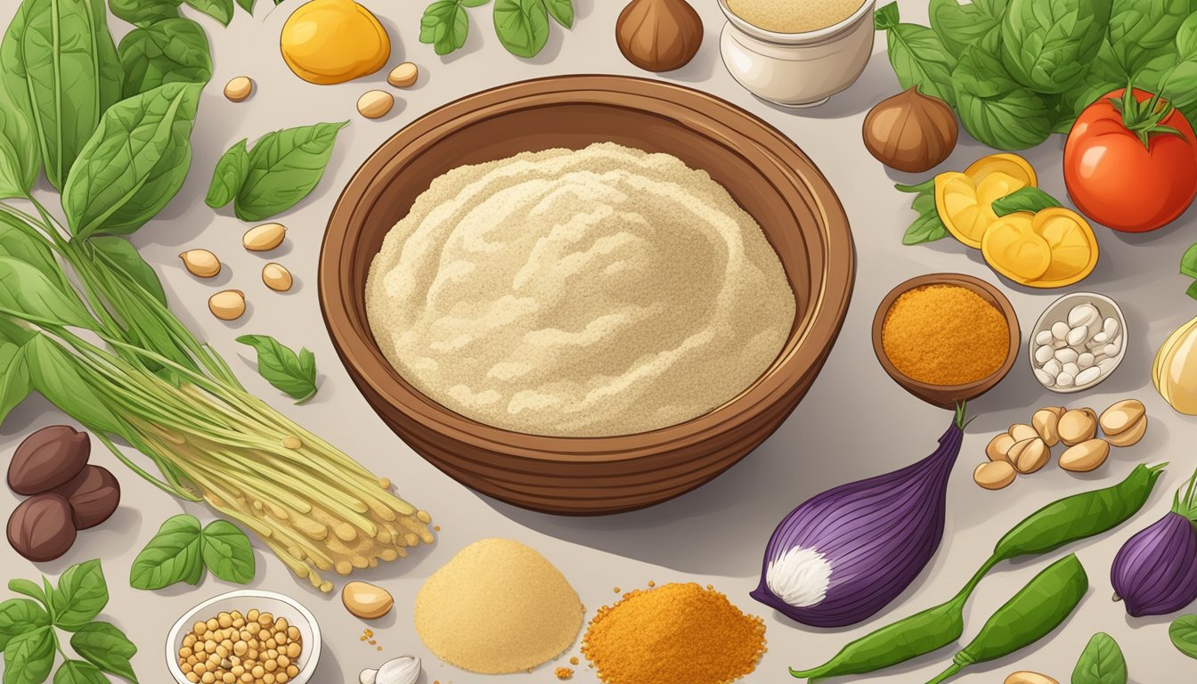 A bowl of garbanzo bean flour surrounded by various vegan ingredients