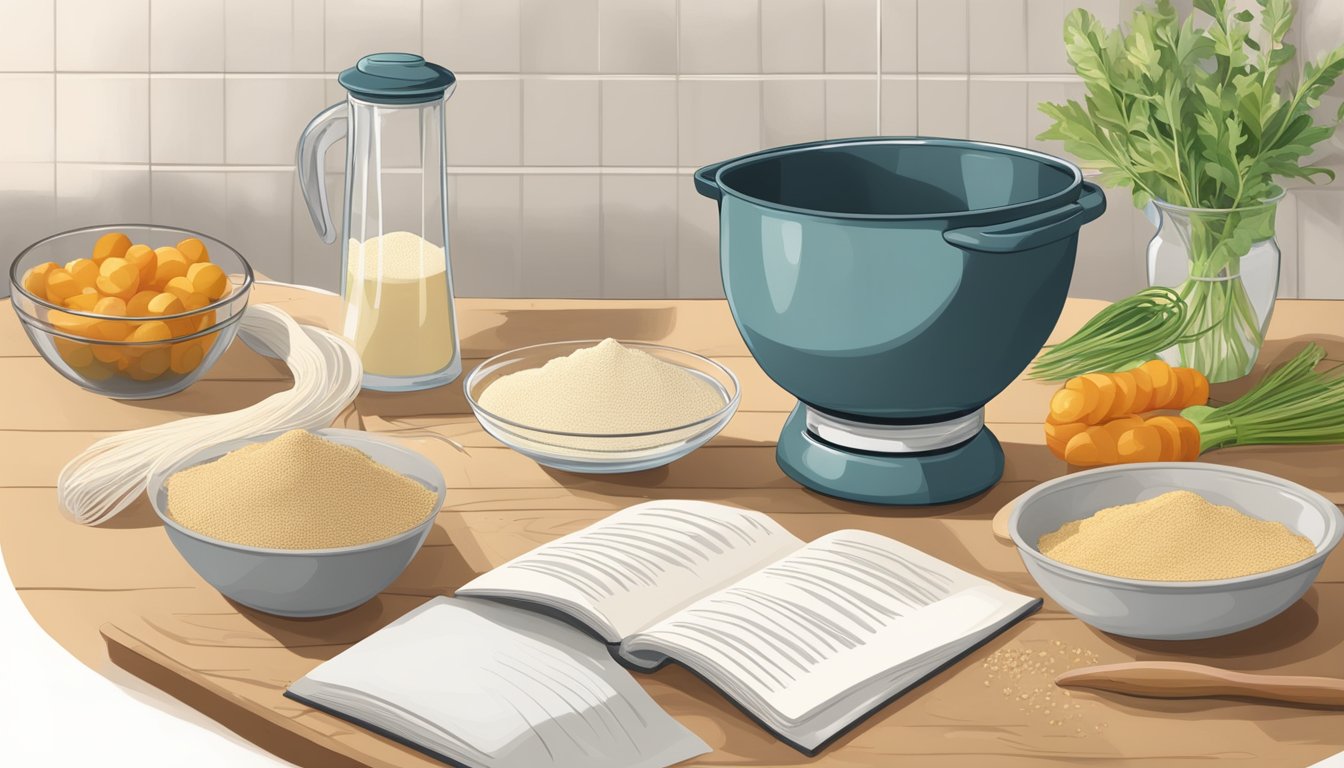 A kitchen counter with a bag of garbanzo bean flour, a mixing bowl, a whisk, and a recipe book open to a page about vegan cooking