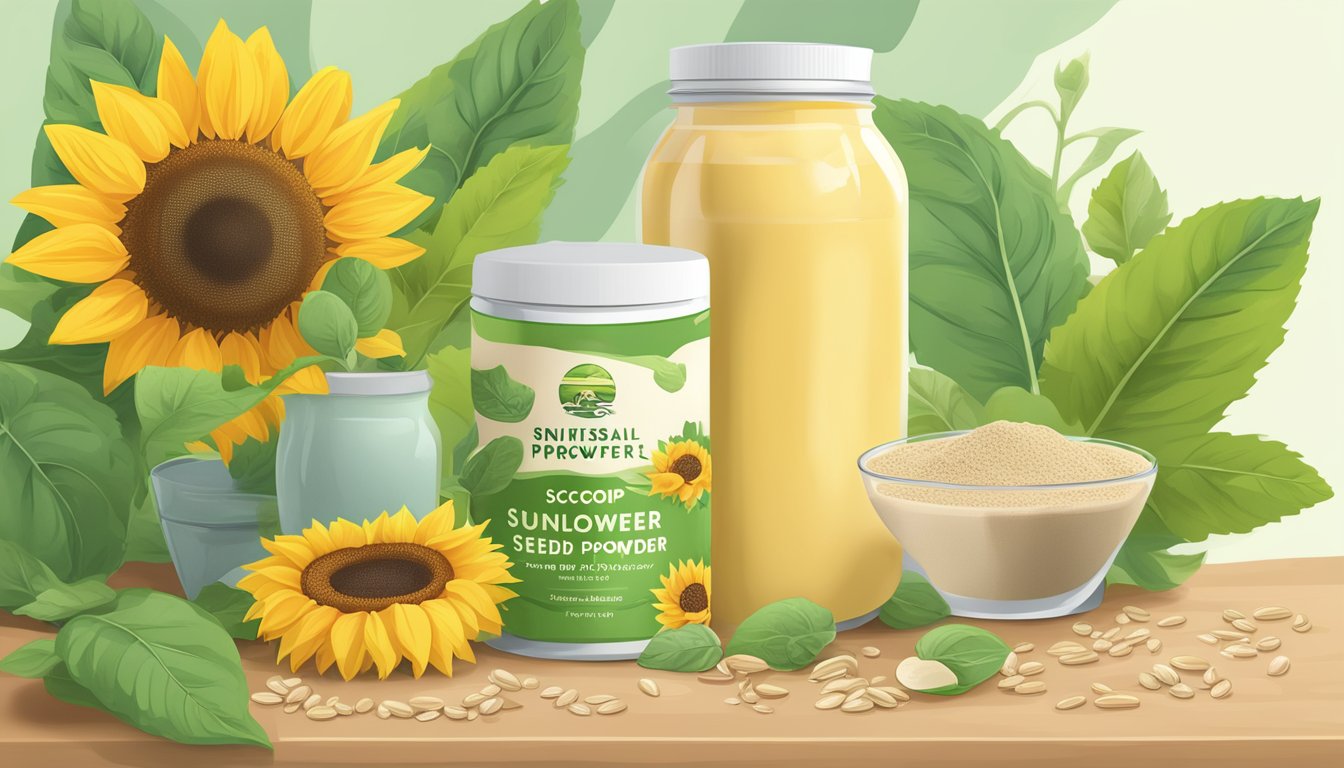 A scoop of sunflower seed protein powder surrounded by sunflowers and a plant-based smoothie