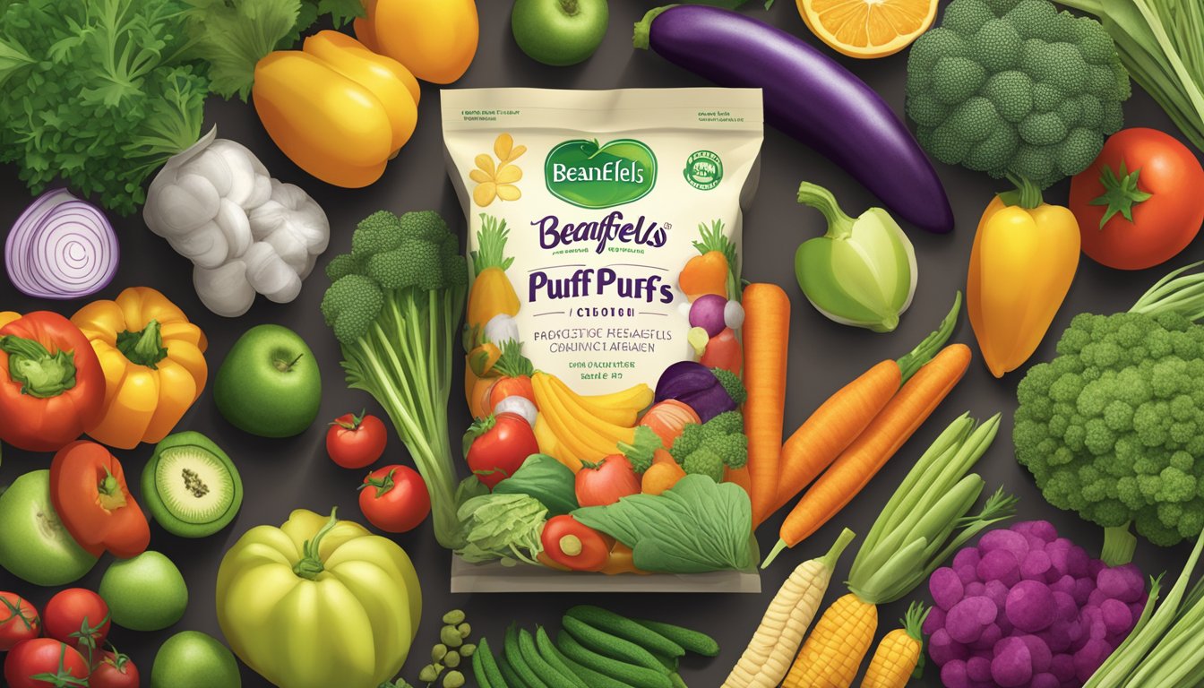 A bag of Beanfields Puffs surrounded by a variety of colorful vegetables and fruits, with a clear "vegan" label displayed prominently