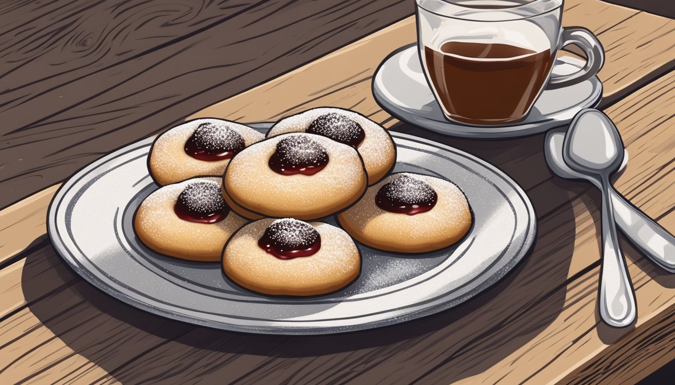 A plate of freshly baked thumbprint cookies, topped with jam and dusted with powdered sugar, sits on a rustic wooden table