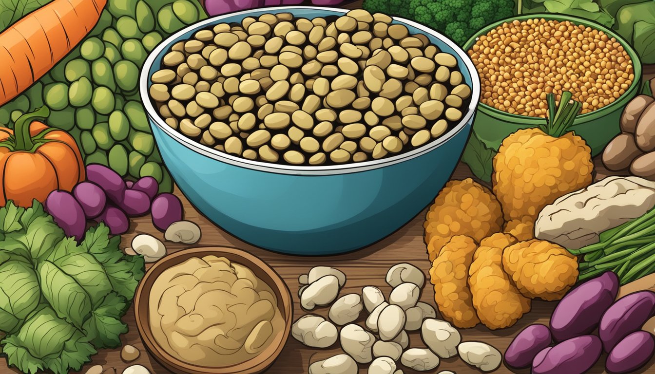 A bowl of Beanfields Puffs surrounded by various beans and vegetables