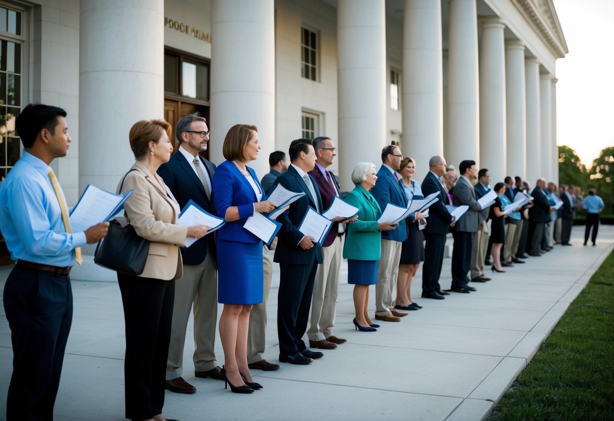 Uma fila de pessoas esperando do lado de fora de um edifício governamental, segurando documentos e conversando com oficiais atrás de uma mesa.