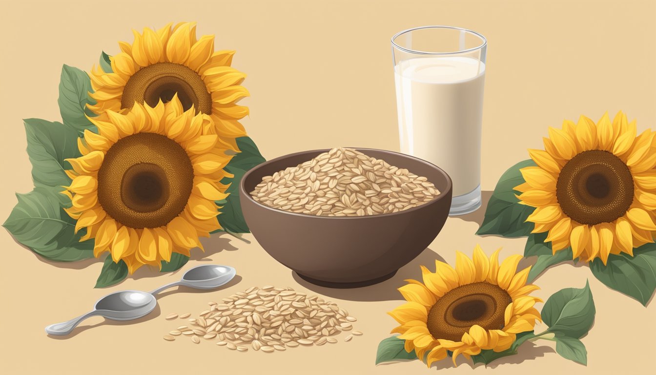 A bowl of oatmeal topped with sunflower seed protein powder, surrounded by sunflower seeds, a glass of almond milk, and fresh sunflowers