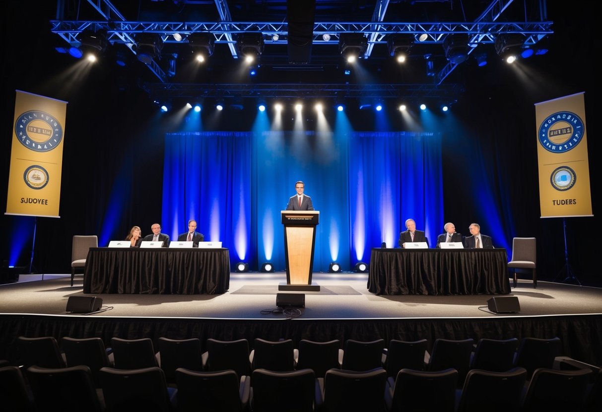 Um palco com um pódio, mesa dos juízes e assentos para o público. Luzes brilhantes iluminam o espaço. Faixas e logotipos exibem o nome do evento.