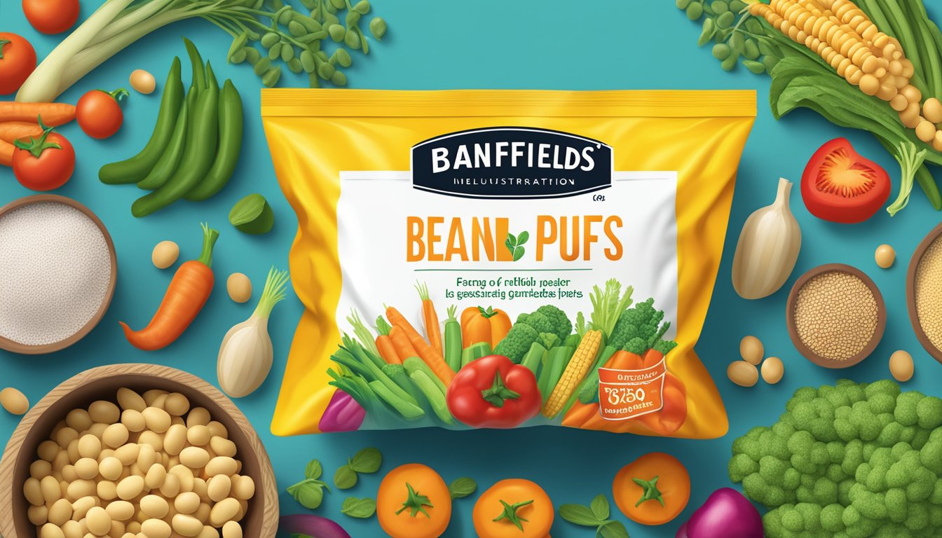 A colorful bag of Beanfields Puffs surrounded by a variety of vegetables and legumes, with a clear ingredient label displayed