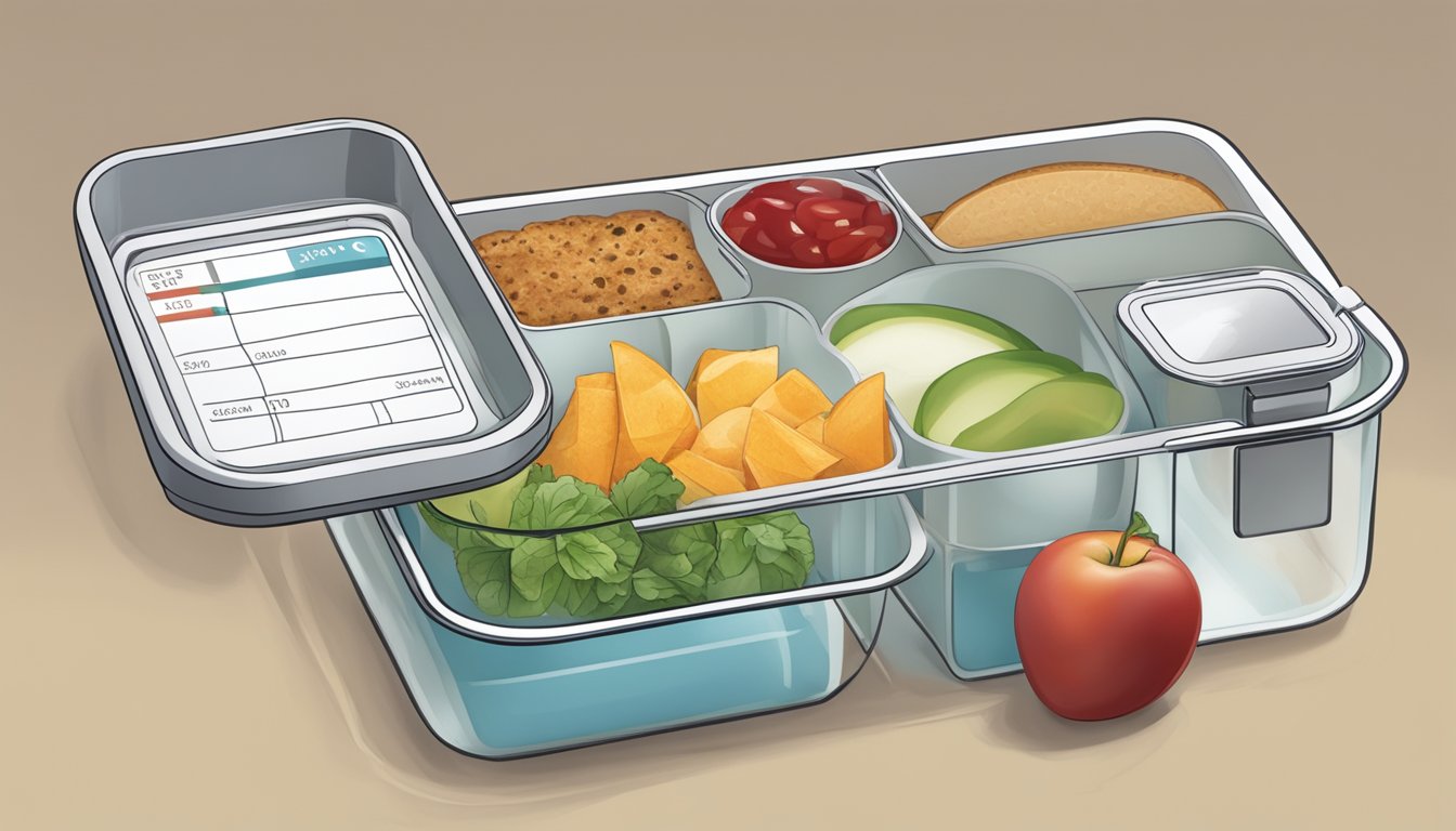 A lunch container with divided sections, each containing a balanced portion of food. A blood sugar monitor nearby shows stable levels