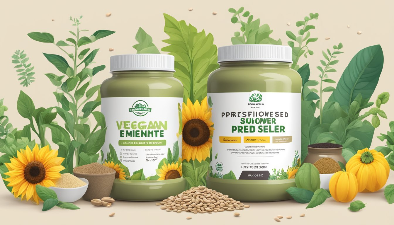 A jar of sunflower seed protein powder surrounded by various plant-based ingredients and a vegan certification logo