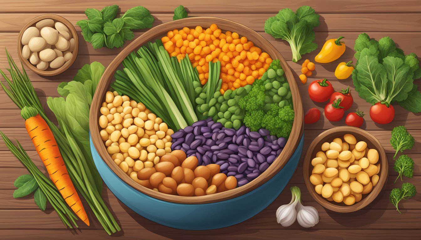 A bowl of Beanfields Puffs surrounded by colorful vegetables and herbs on a wooden table