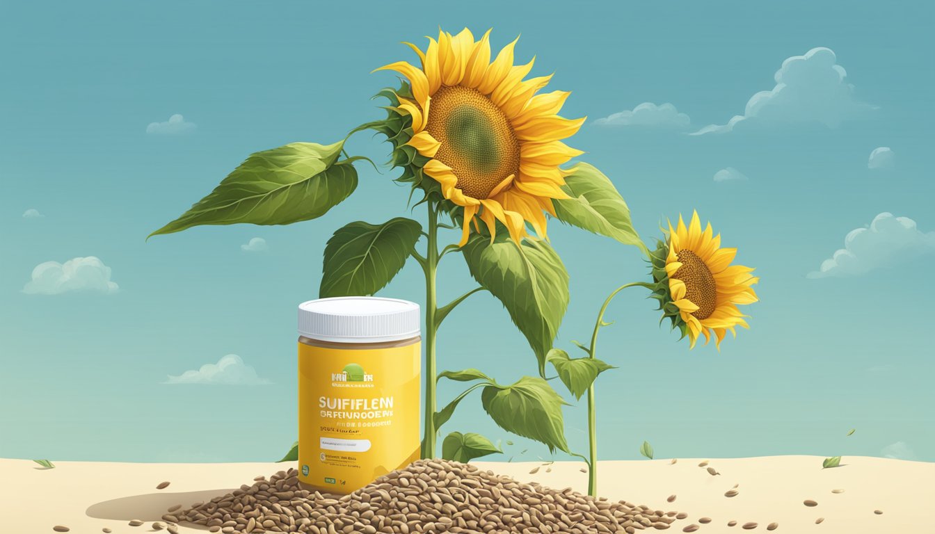 A sunflower field with a towering sunflower plant and a clear blue sky, with a small container of sunflower seed protein powder next to it