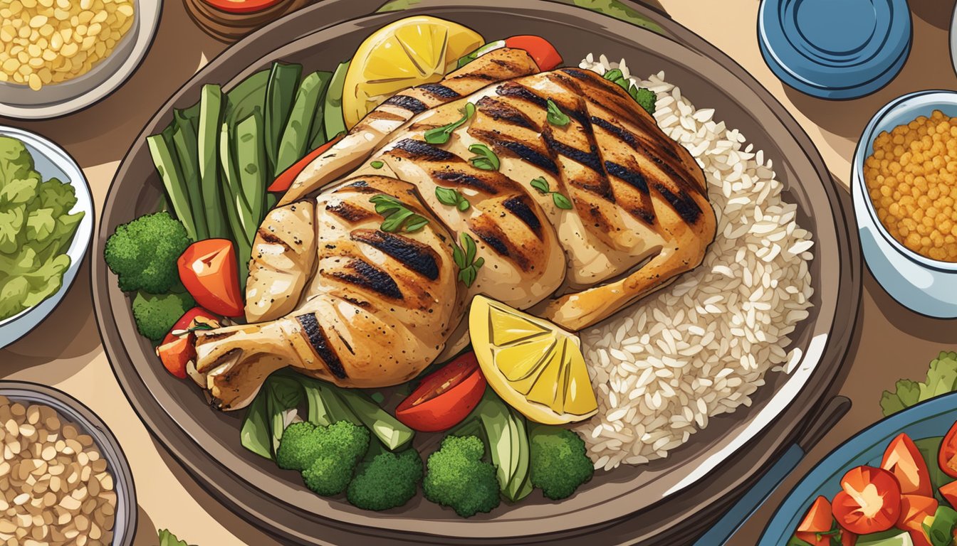 A platter of grilled lemon herb chicken surrounded by colorful, fresh vegetables and a side of whole grain rice