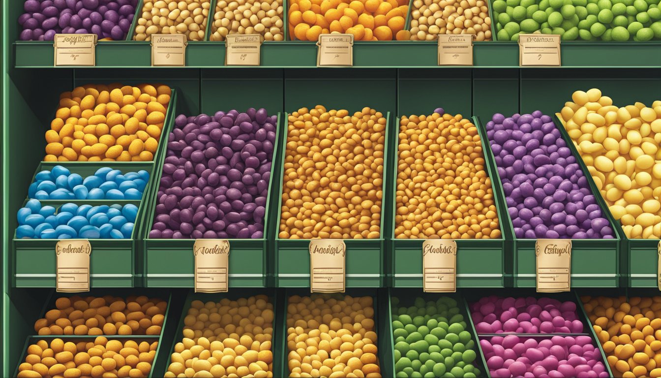 A colorful display of Beanfields Puffs in various flavors on a well-stocked grocery store shelf