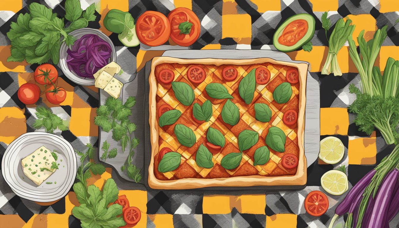 A vegan Detroit-style pizza sits on a checkered tablecloth, topped with colorful vegetables and plant-based cheese, surrounded by fresh herbs and spices