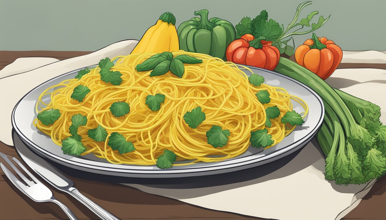 A colorful array of fresh vegetables and spaghetti squash arranged on a plate, with a fork and knife beside it