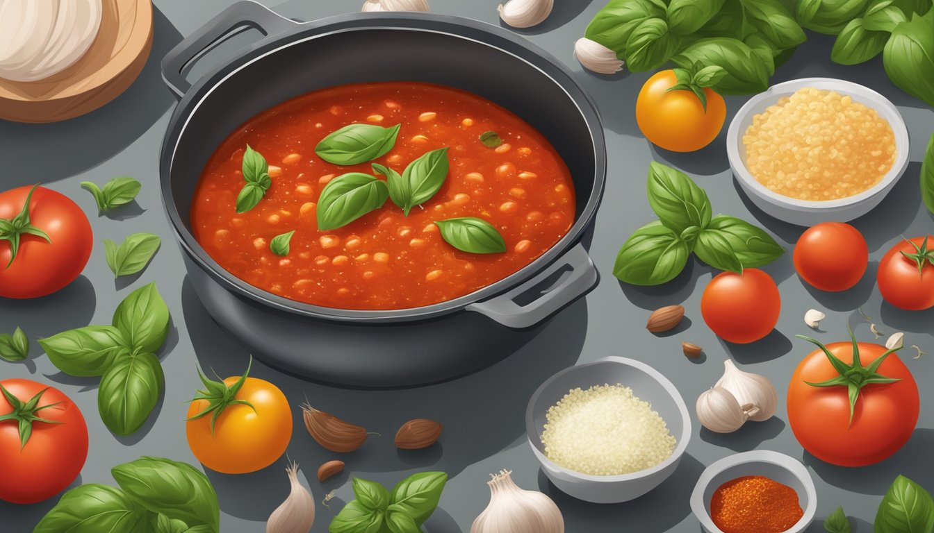 Tomato sauce being stirred in a pot, surrounded by fresh basil, garlic, and other herbs and spices