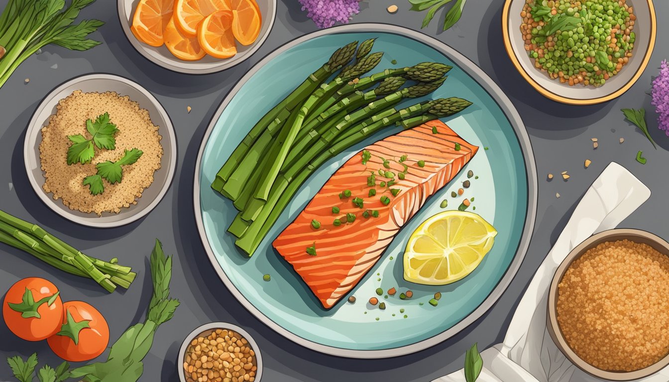 A plate of baked salmon and asparagus with a side of quinoa, accompanied by a colorful array of fresh vegetables