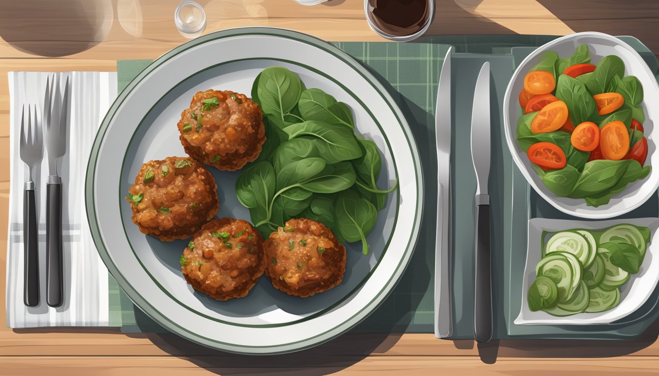 A plate of turkey and spinach meatballs with a side of fresh vegetables, set on a stylish dinner table