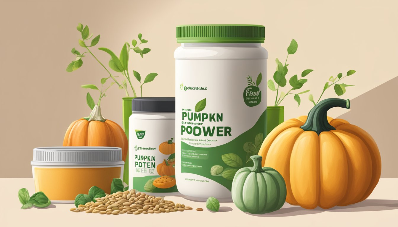 A pumpkin seed protein powder container next to various plant-based food items