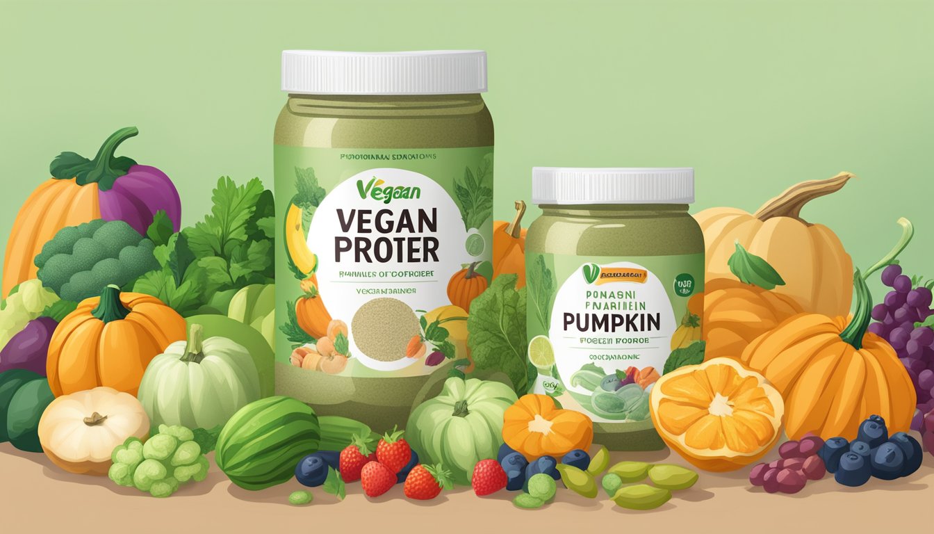 A bowl of pumpkin seed protein powder surrounded by various fruits and vegetables, with a clear label indicating "vegan" prominently displayed