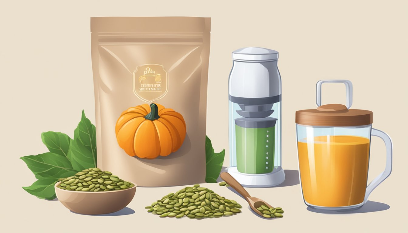 A person holding a bag of pumpkin seeds, a blender, and a scoop of protein powder