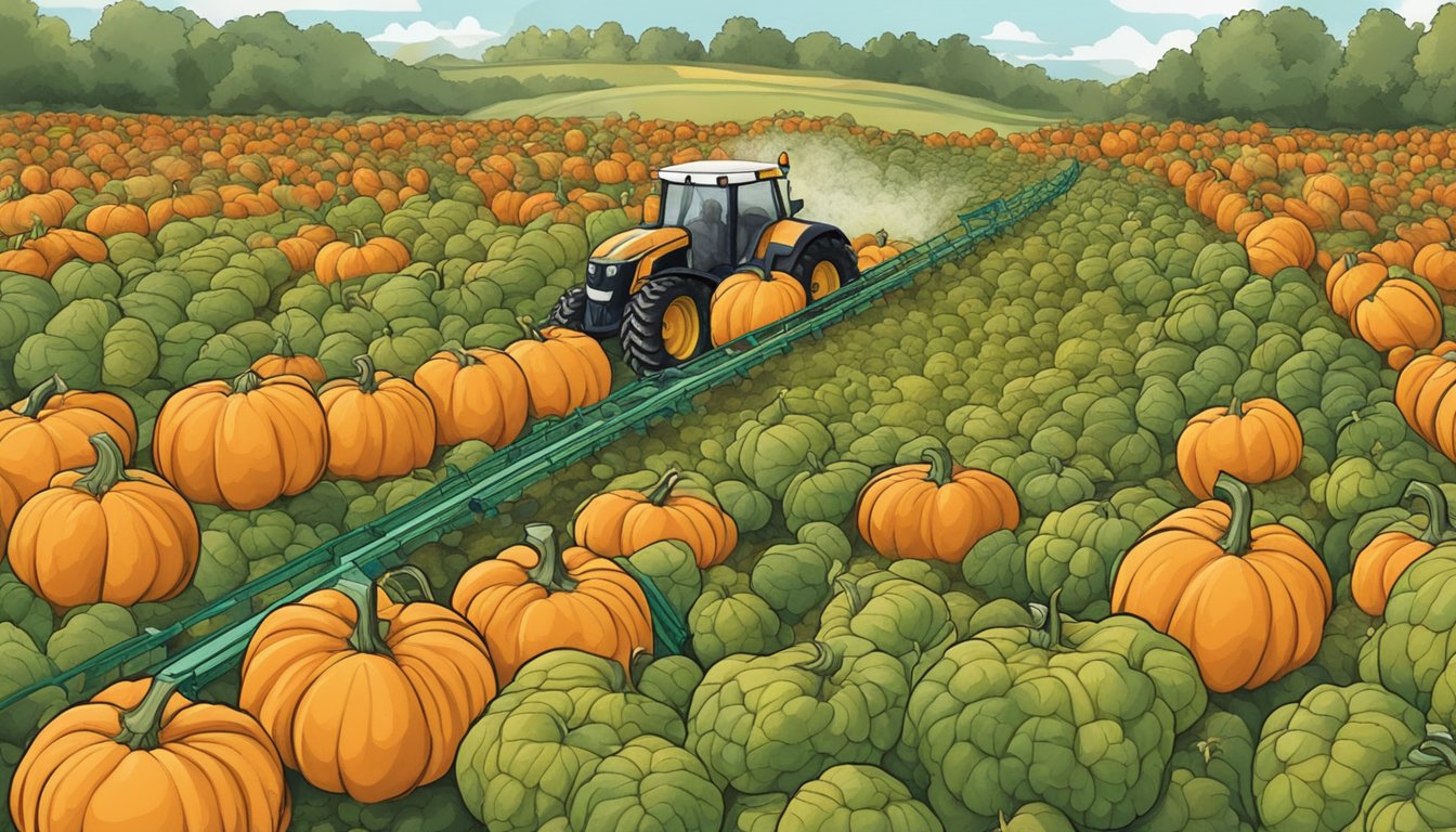 A field of pumpkins with seeds being harvested and processed into powder