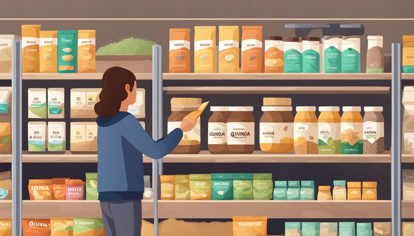 A person browsing through shelves of quinoa flour products, checking for vegan labels