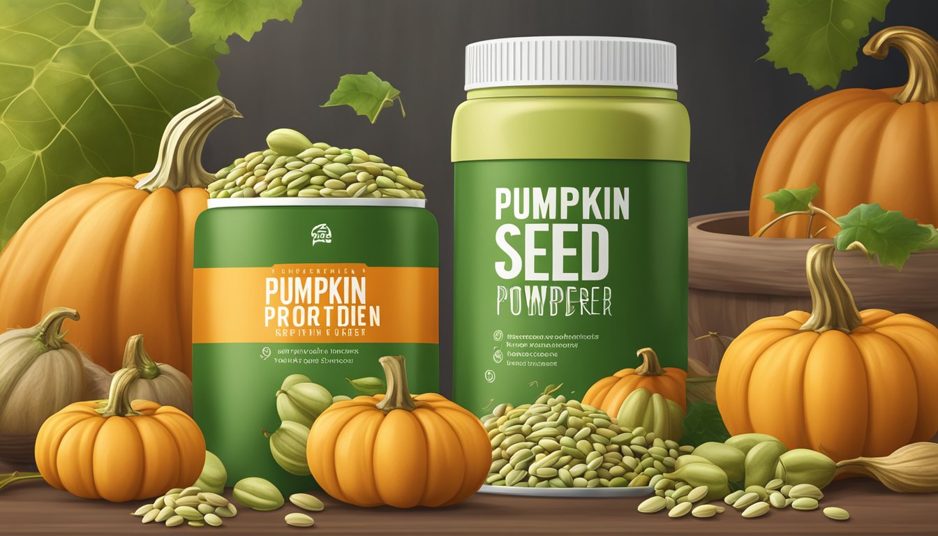 A pumpkin seed protein powder container surrounded by fresh pumpkins and seeds