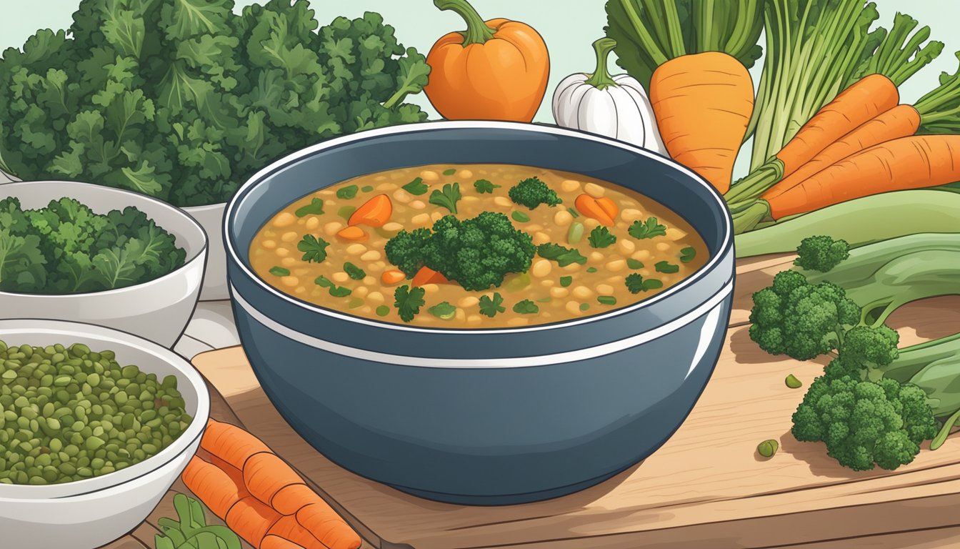 A steaming bowl of lentil soup with kale sits on a table, surrounded by fresh vegetables and a balanced meal plan