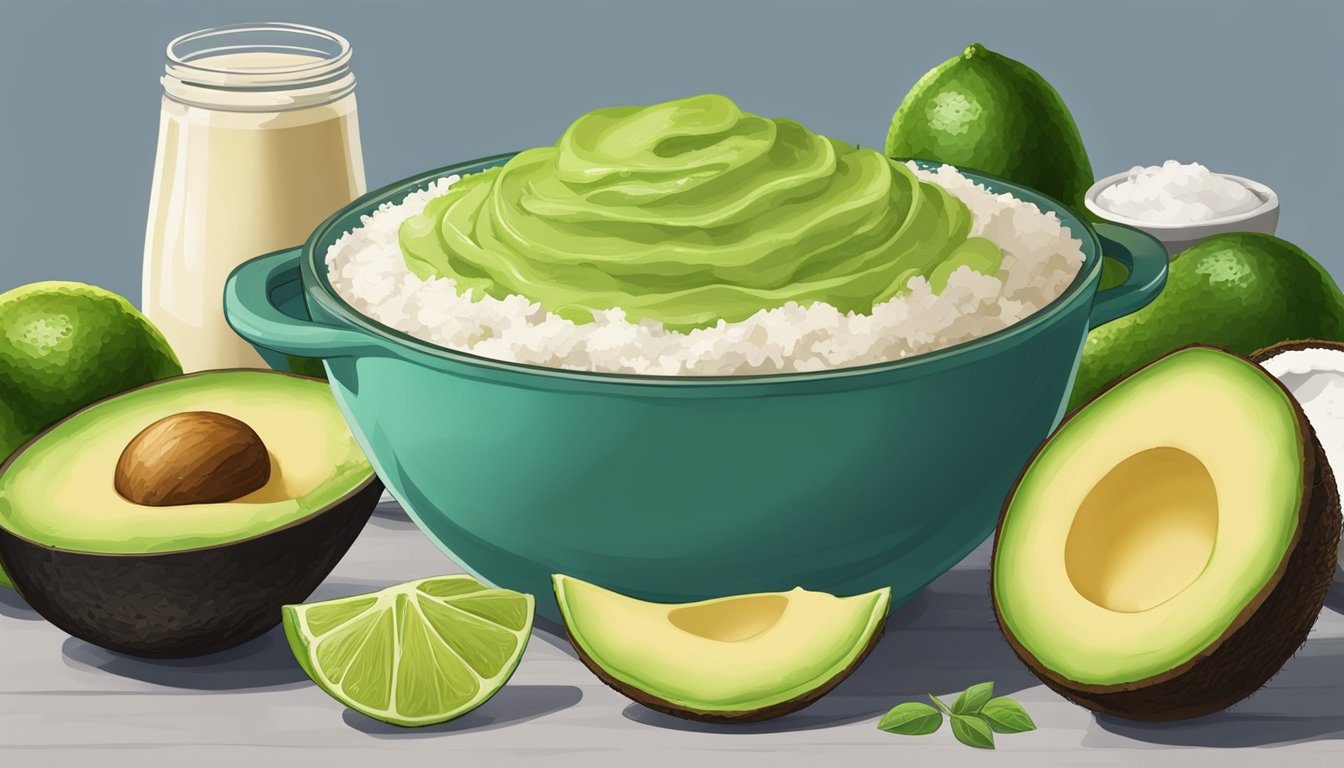 A table with ingredients like avocados, limes, and coconut milk, along with a vegan pie crust and a mixing bowl