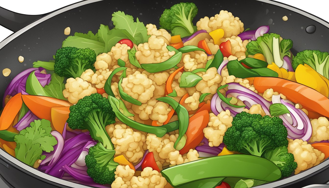 A colorful stir fry sizzling in a pan, with cauliflower rice, vibrant vegetables, and lean protein, ready to be served for a diabetes-friendly dinner