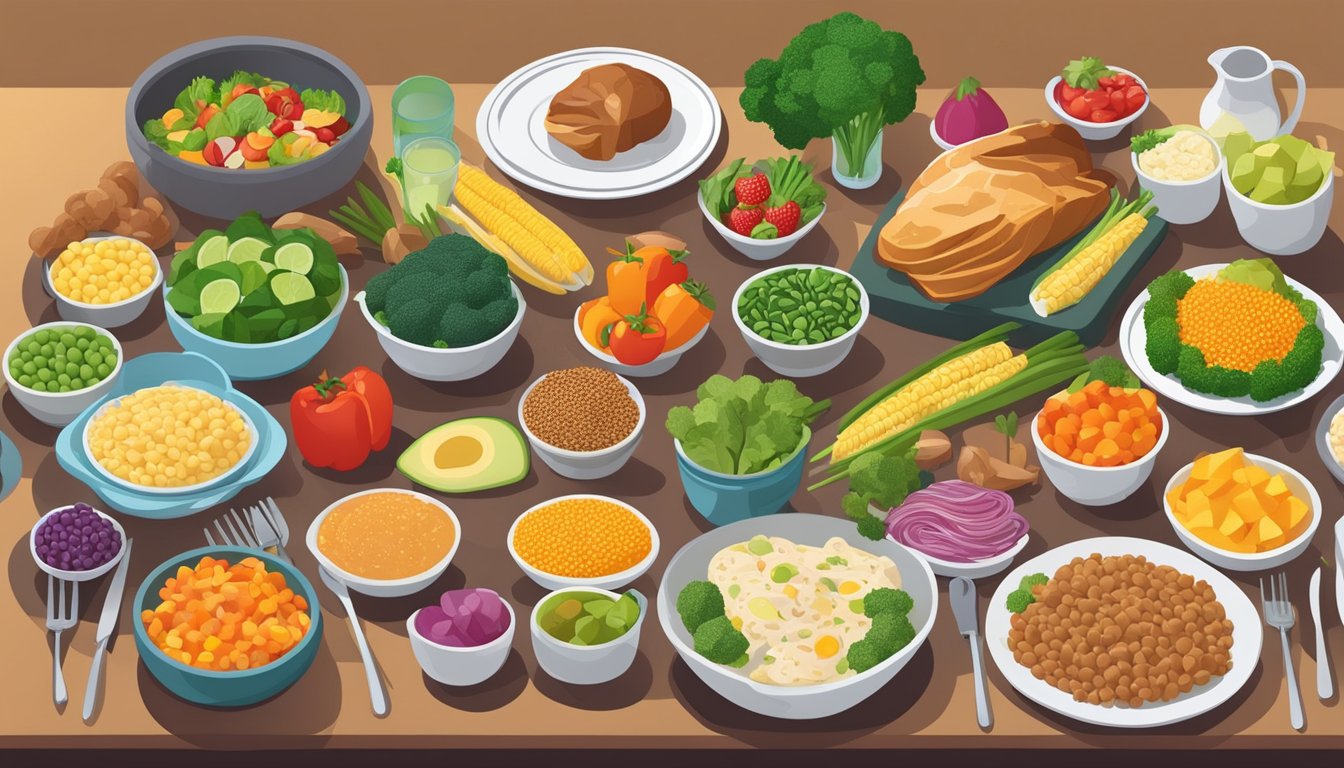 A table set with a variety of colorful, nutritious foods, including lean proteins, whole grains, and plenty of vegetables, all arranged in an appealing and balanced diabetes-friendly dinner spread