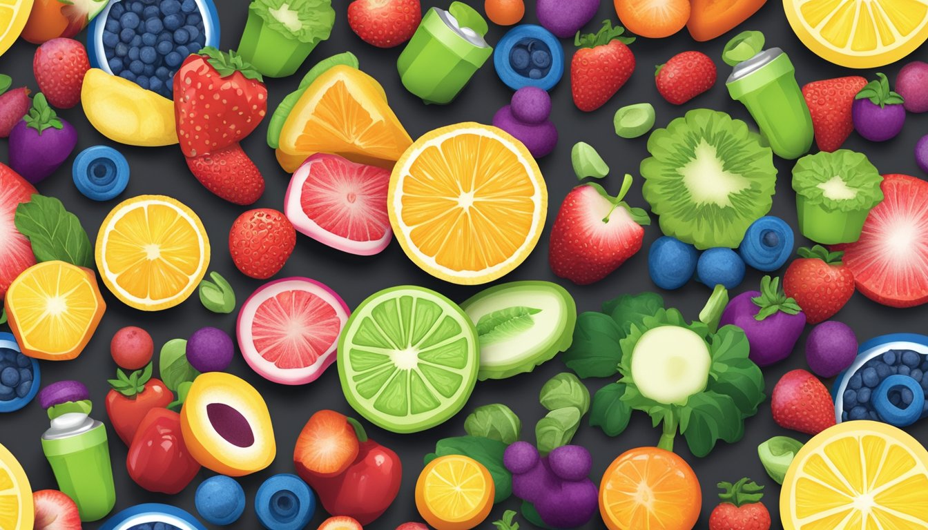 A colorful display of ring pops surrounded by fresh fruits and vegetables, with a prominent "vegan" label