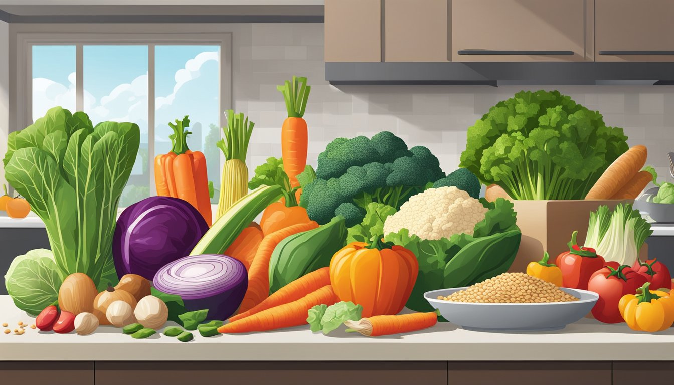 A colorful array of fresh vegetables, lean proteins, and whole grains arranged on a clean, modern kitchen counter. Bright, natural light floods the scene, highlighting the vibrant, nutrient-rich ingredients