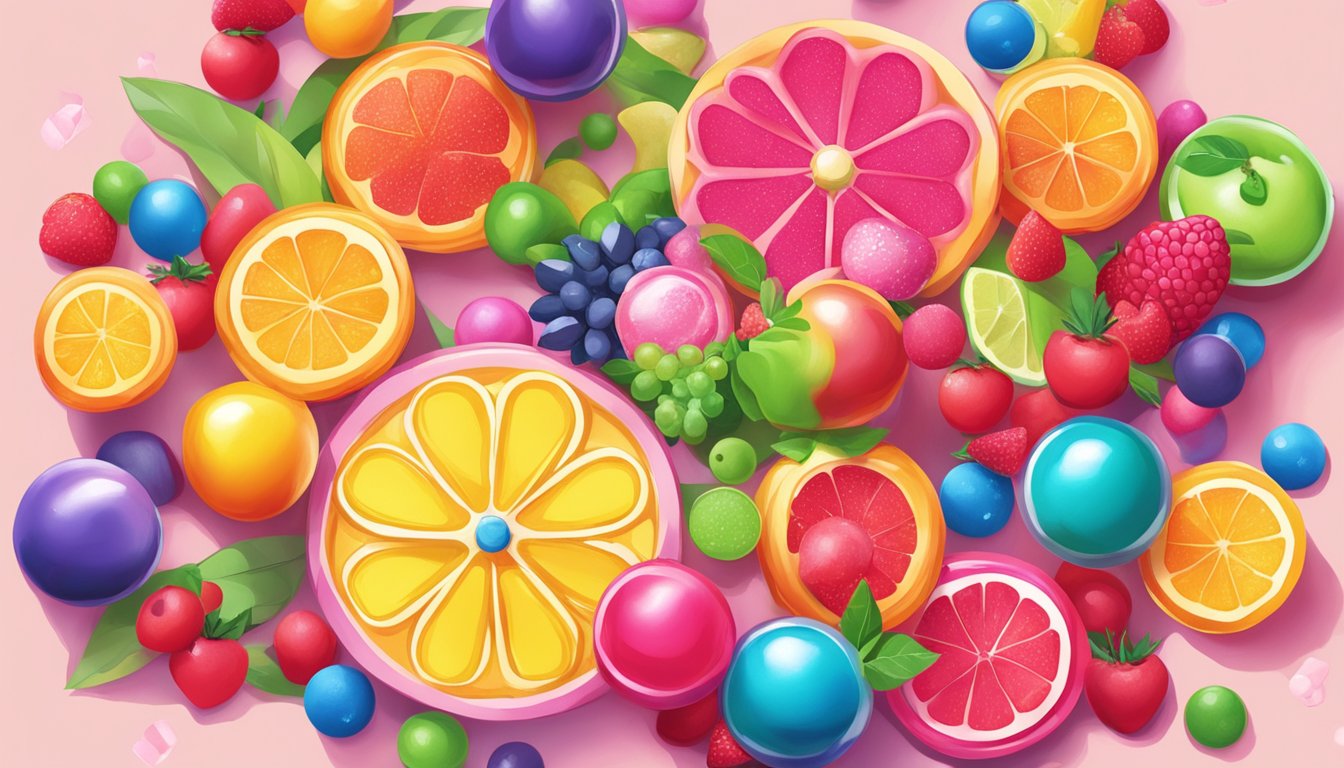 A colorful array of ring pops surrounded by vibrant fruits and flowers