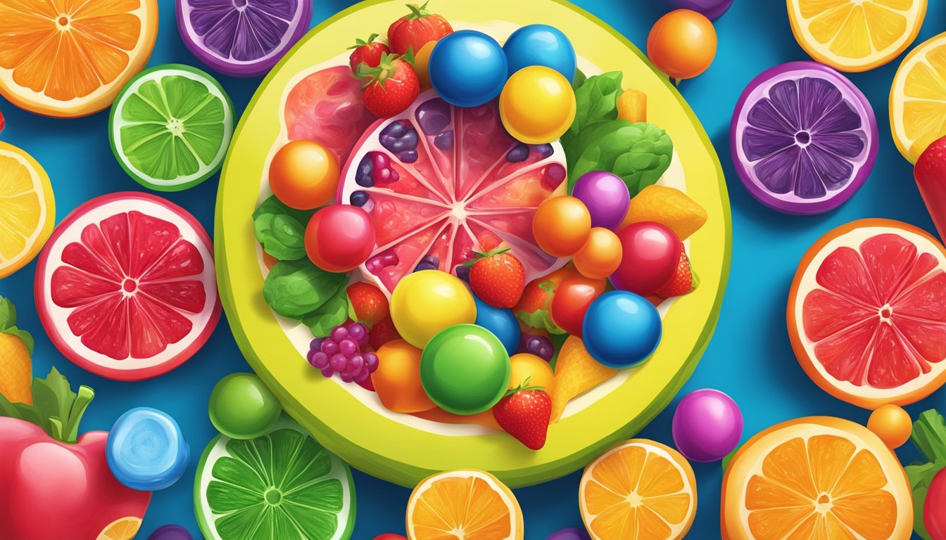 A colorful display of Ring Pops surrounded by vibrant fruits and vegetables