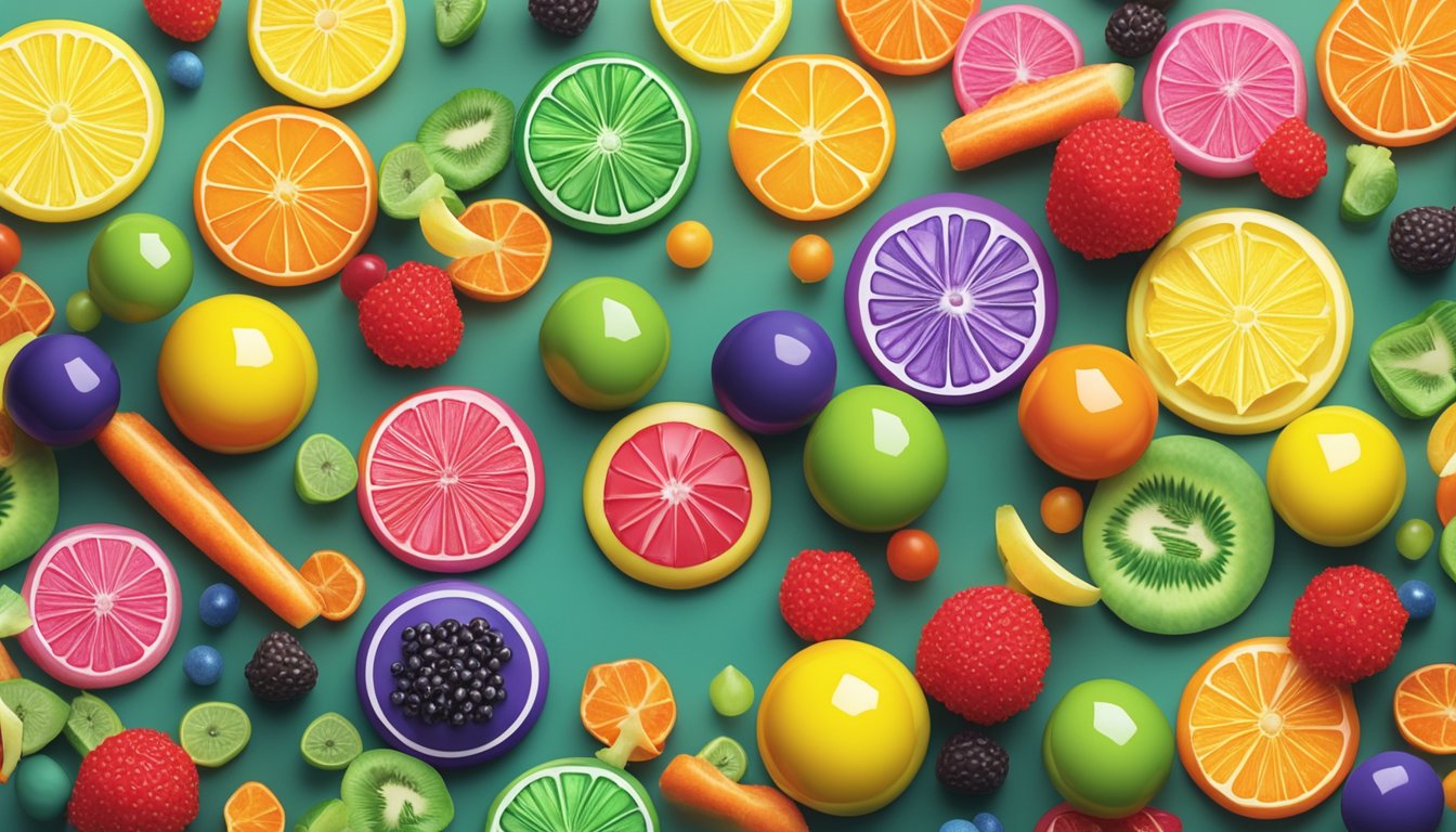 A colorful display of ring pops arranged on a table, surrounded by various fruits and vegetables