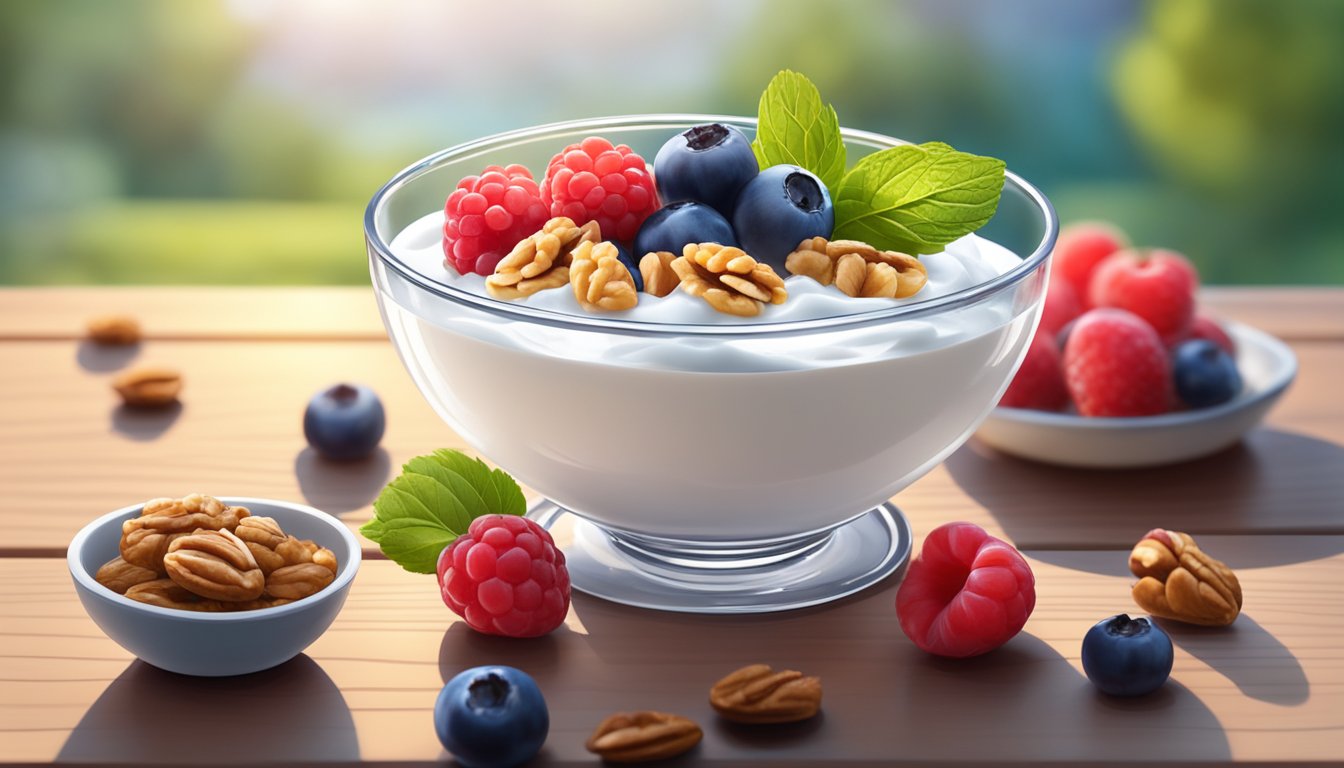 A bowl of Greek yogurt topped with walnuts, surrounded by fresh berries and a glass of water, sits on a wooden table in the morning sunlight