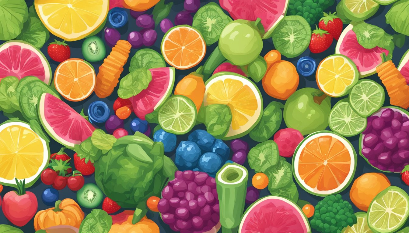 A colorful display of ring pops surrounded by various fruits and vegetables, with a prominent "vegan" label