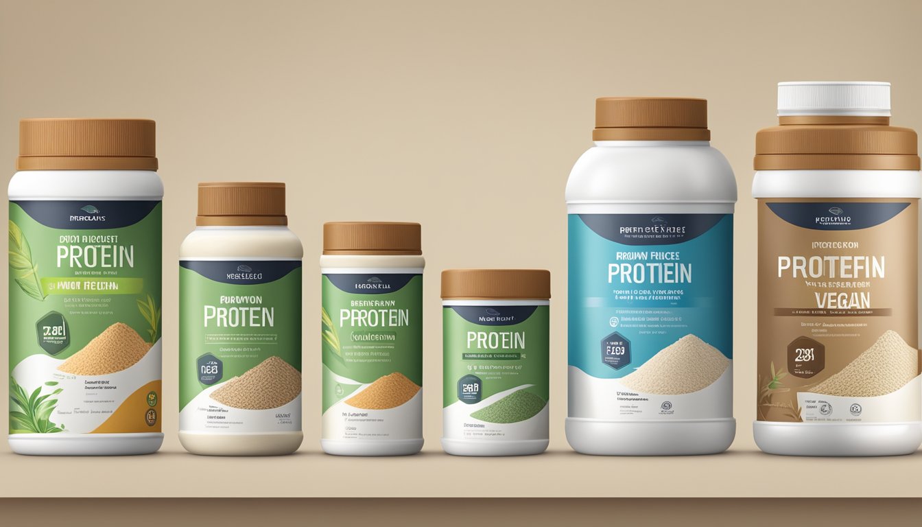 A variety of protein powder containers, including brown rice protein, displayed with vegan certification symbols