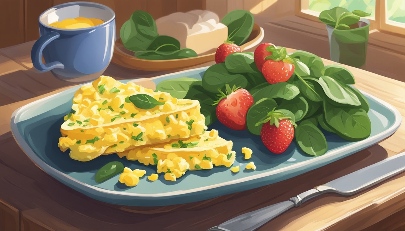 A colorful plate of scrambled eggs with spinach, accompanied by a slice of whole grain toast and a side of fresh berries, sits on a wooden table in a sunlit kitchen