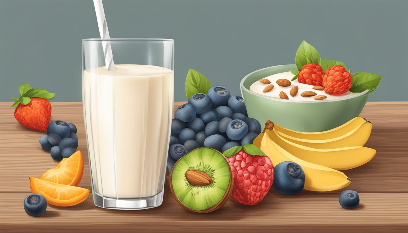 A glass of almond milk smoothie surrounded by fresh fruits and nuts on a wooden breakfast table