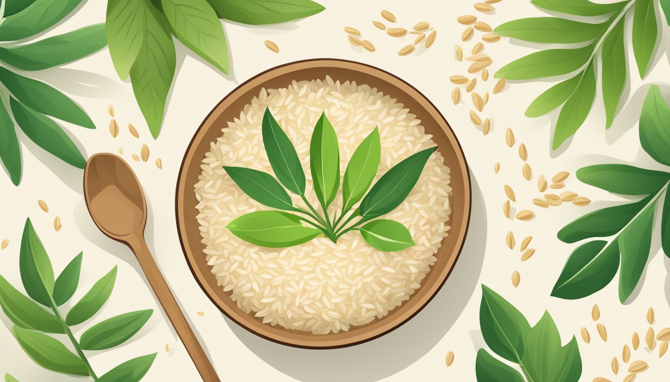 A bowl of brown rice surrounded by green leaves and a sustainable packaging symbol