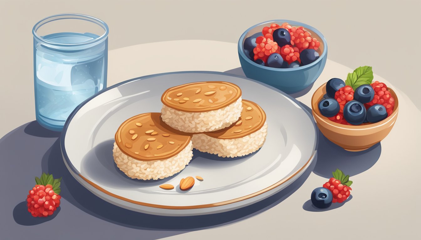 A plate with rice cakes spread with almond butter, accompanied by a glass of water and a small bowl of berries