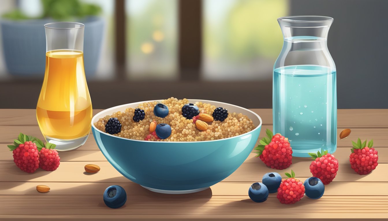 A colorful bowl filled with quinoa, fresh berries, nuts, and a drizzle of honey, sitting on a wooden table with a glass of water