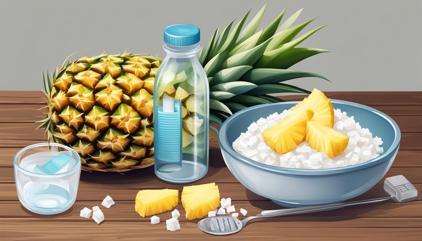 A bowl of cottage cheese topped with fresh pineapple on a wooden table, surrounded by a glass of water and a blood sugar monitoring kit