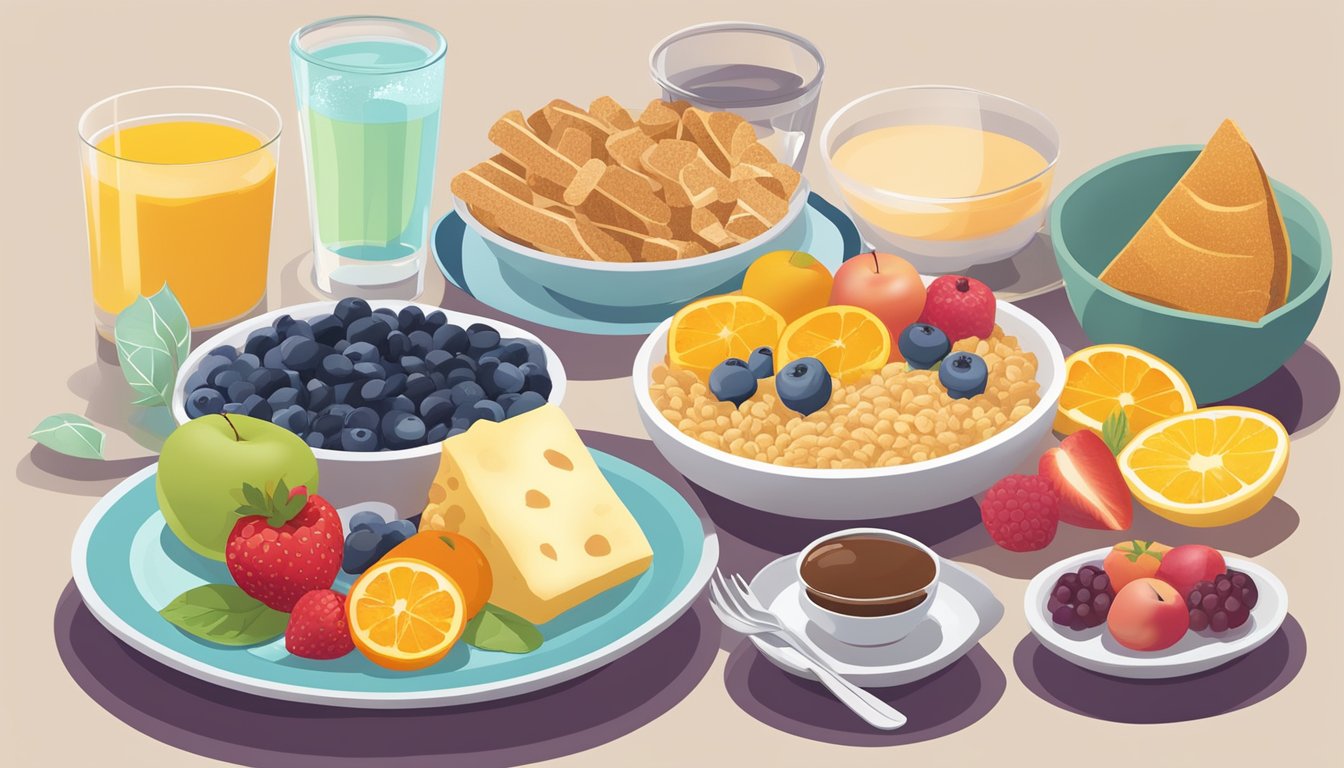 A colorful array of diabetes-friendly breakfast foods, including whole grains, fruits, and lean proteins, arranged on a table with a glass of water and a plate