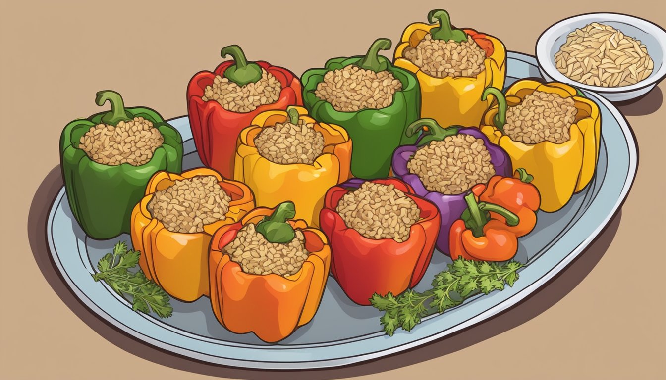 A colorful array of stuffed bell peppers filled with brown rice and various vegetables, arranged on a serving platter